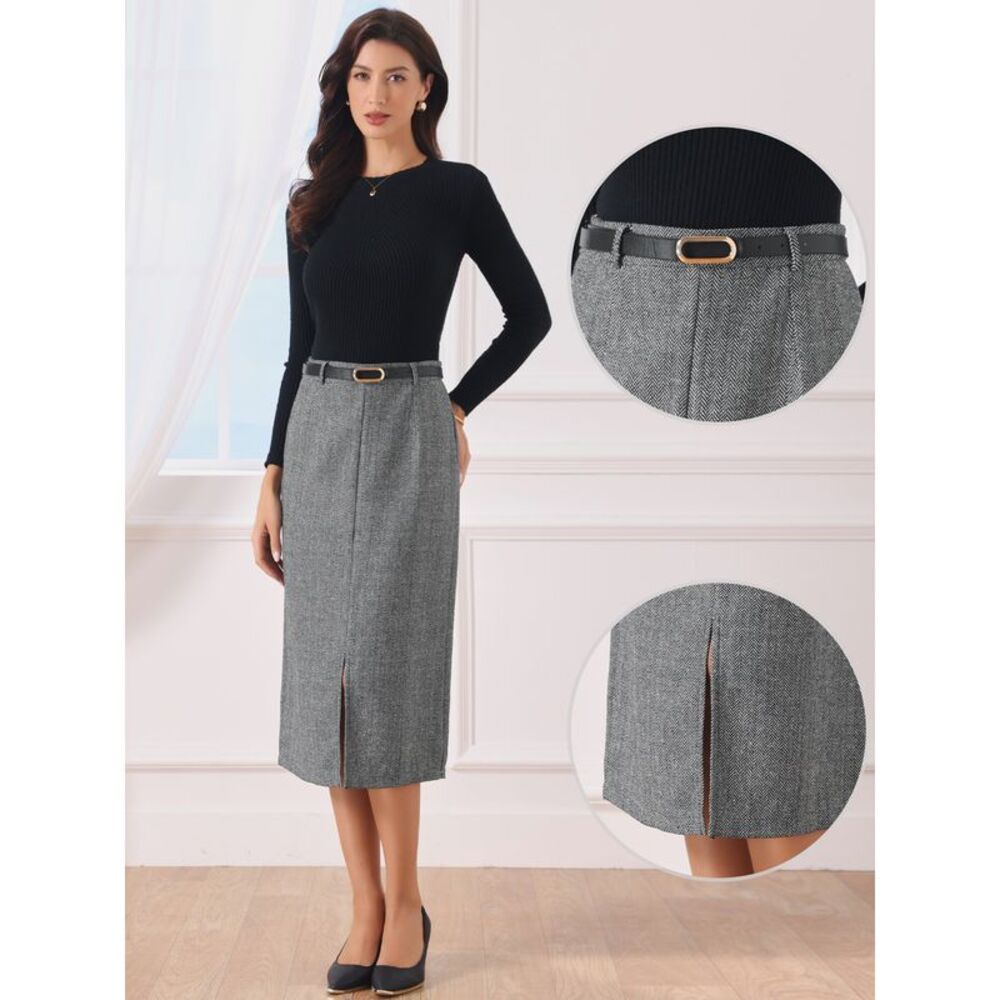 Women's Midi Pencil Skirt Fall Winter Slit Office Skirts with Belt Black White - Picture 2 of 5